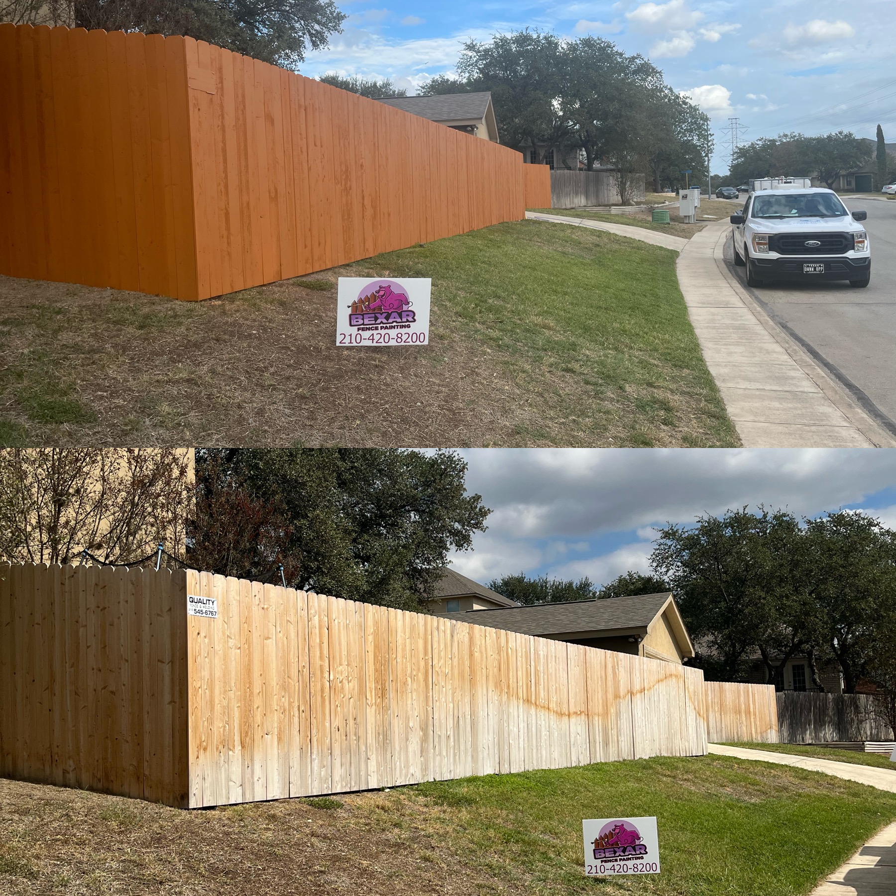 Bexar Fence Painting employees painting and staining a wrought iron fence in San Antonio, TX.